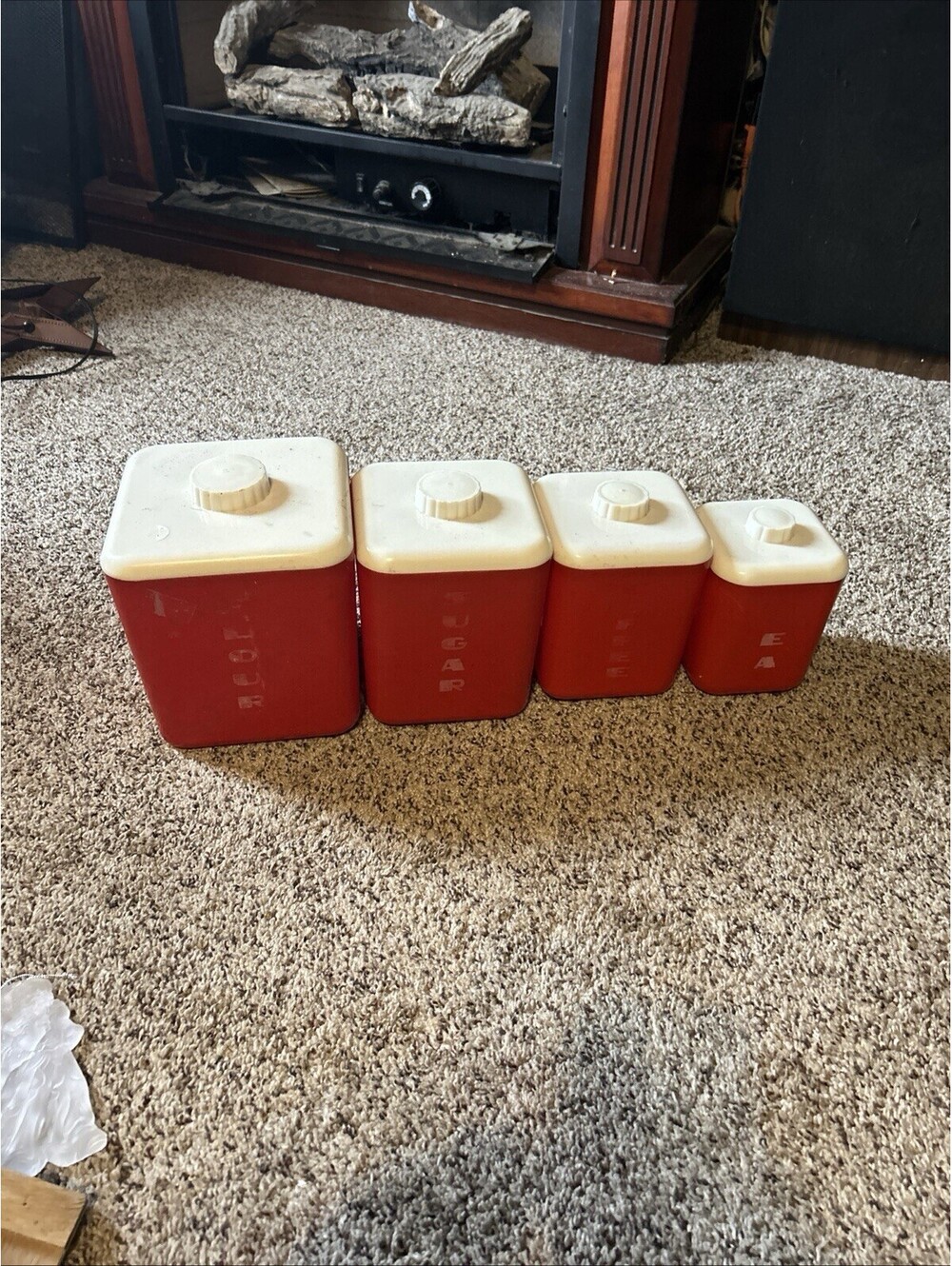 1950s Red Canister Set Of 4 Plastic Lustro Ware Flower Sugar Coffee Tea